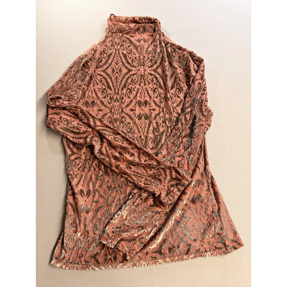 Women's Large Rust Burnout Velvet Mock Neck Long Sleeve Boho Paisley Top Y2K